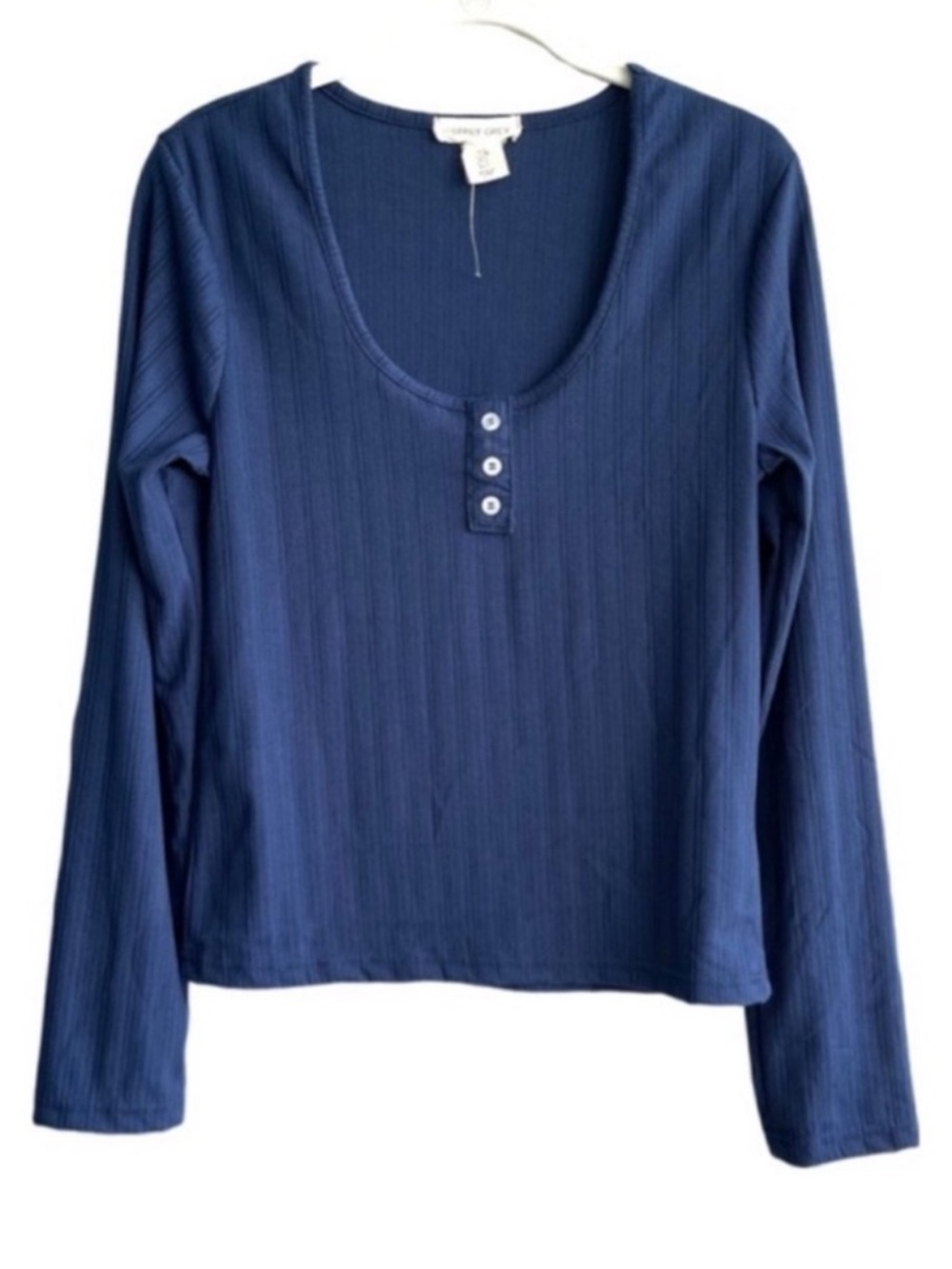 Happily Grey Long Sleeve Tee Scoop Neck Button Detail Blue Size L